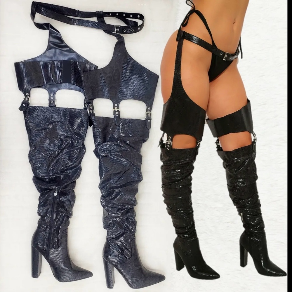 Cape Robbin Black Snake Chaps Belted Thigh Boots